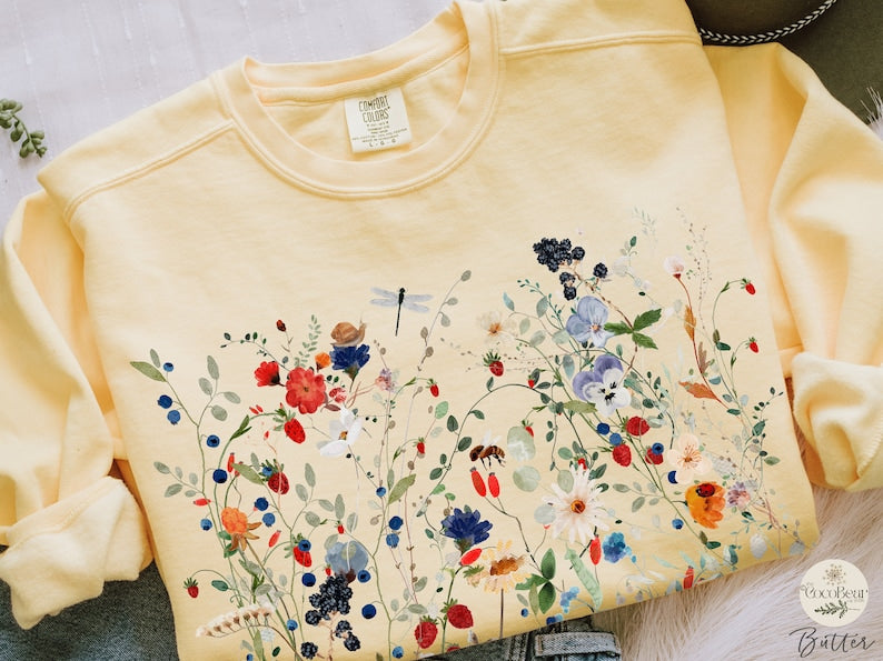 Vintage fleurs pressées couleurs de confort fleurs sauvages Sweatshirt