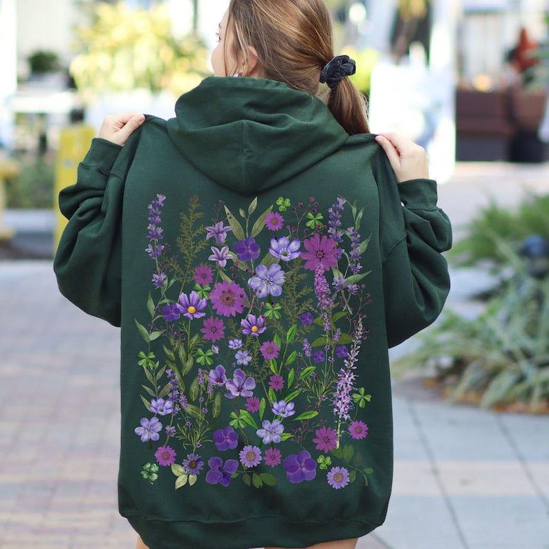 Vintage botanique floral surdimensionné fleurs pressées fleurs sauvages Hoodie