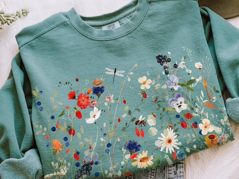 Vintage fleurs pressées couleurs de confort fleurs sauvages Sweatshirt