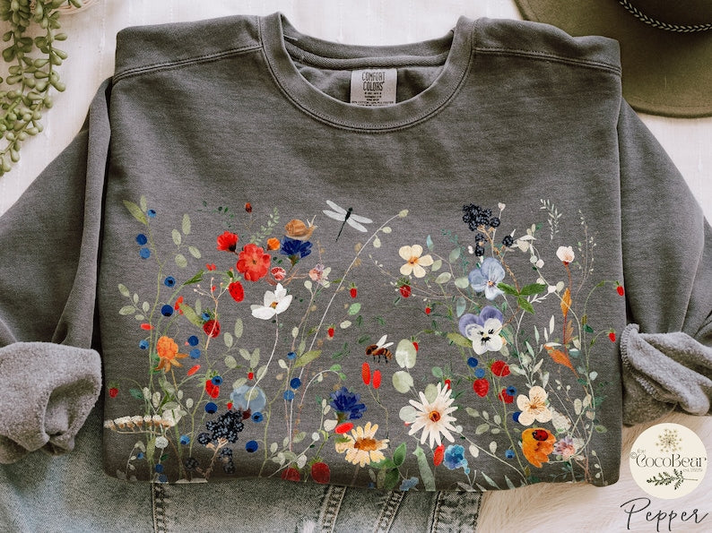 Vintage fleurs pressées couleurs de confort fleurs sauvages Sweatshirt