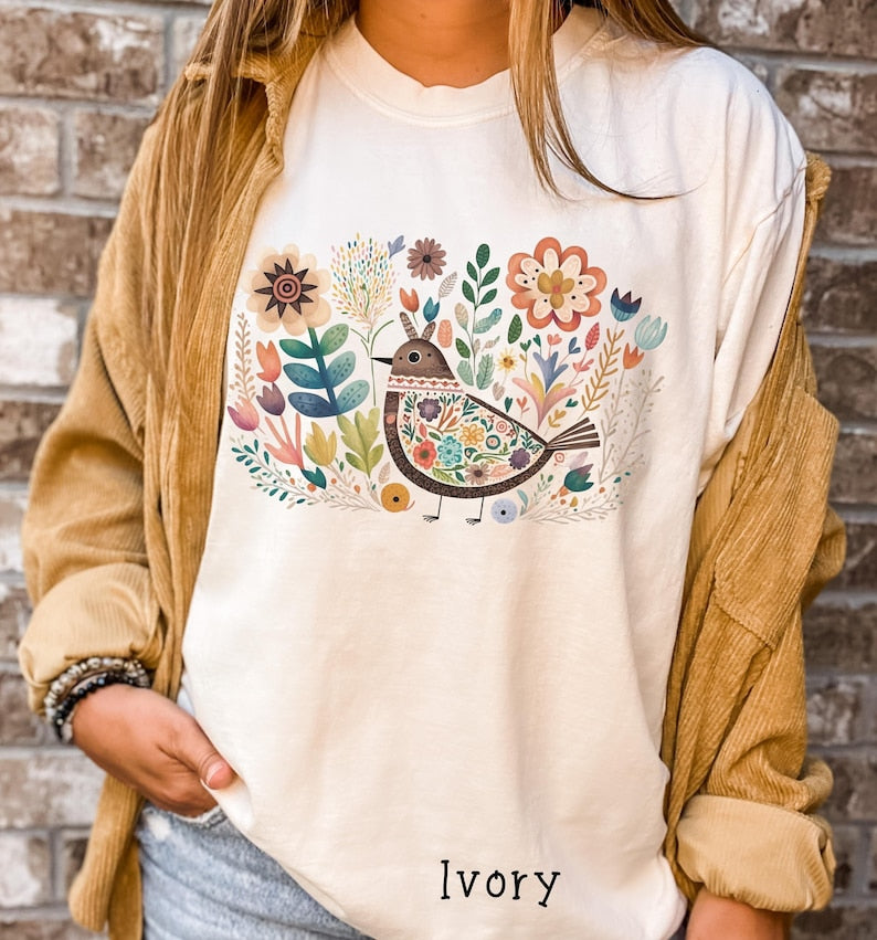 Chemise oiseau et fleurs Boho Folk Art Bird Shirt