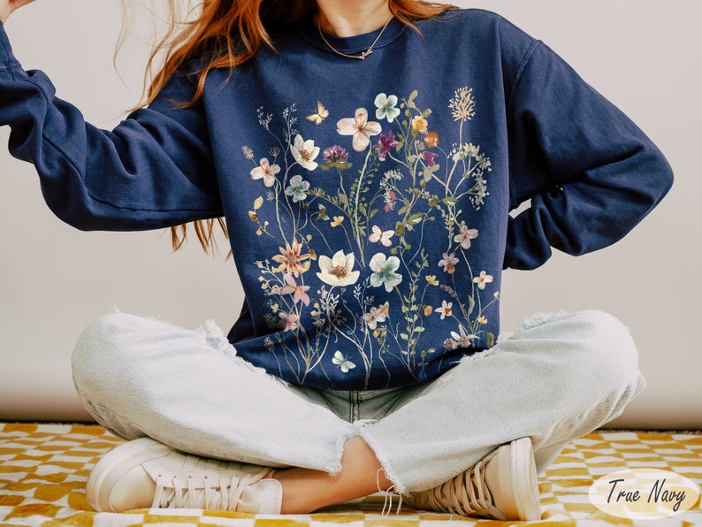 Sweatshirt Vintage Fleurs Pressées Couleurs Confort