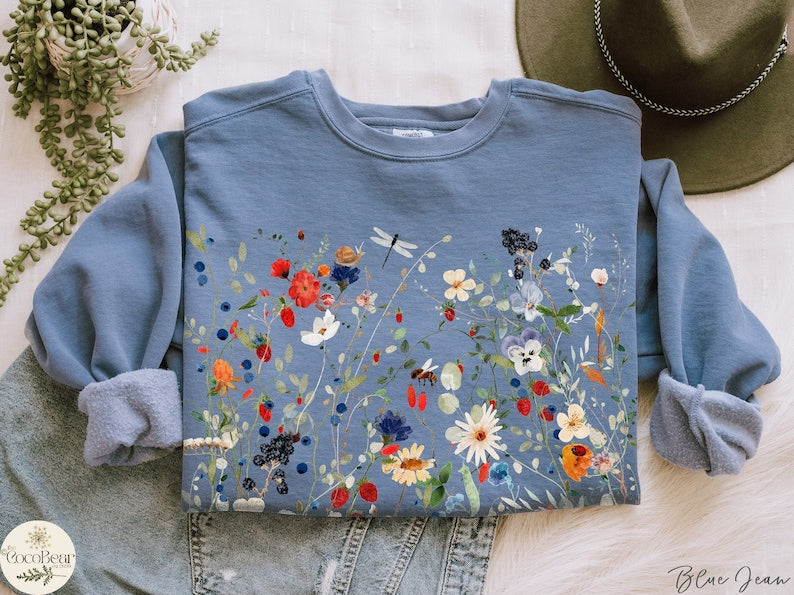 Vintage fleurs pressées couleurs de confort fleurs sauvages Sweatshirt