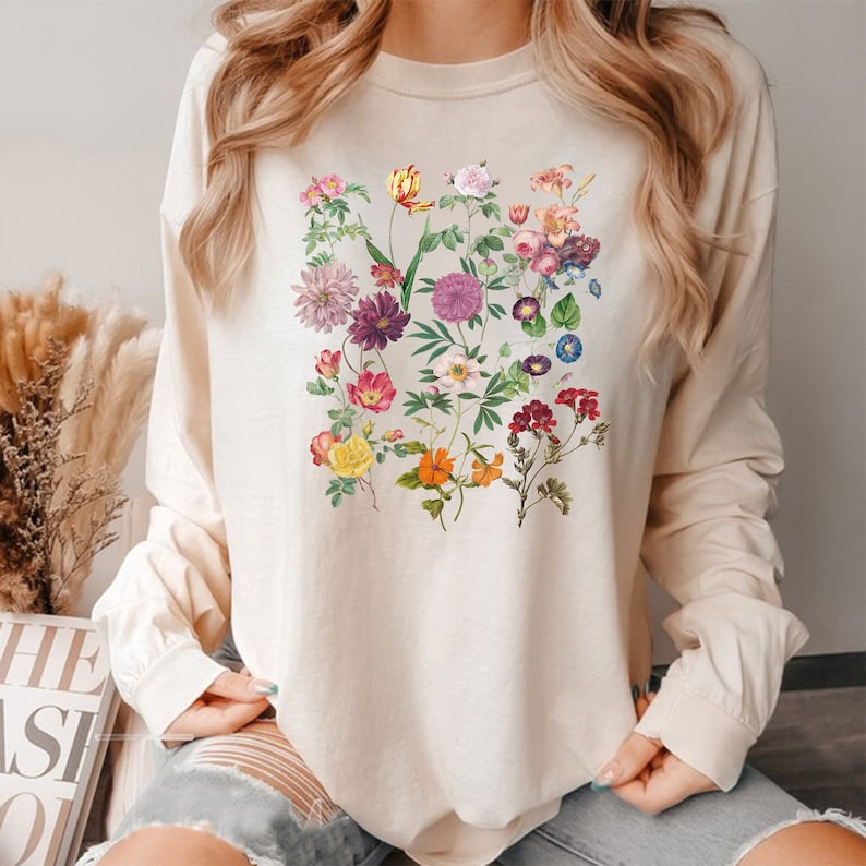 Vintage gepresste Blumen Langarmshirt