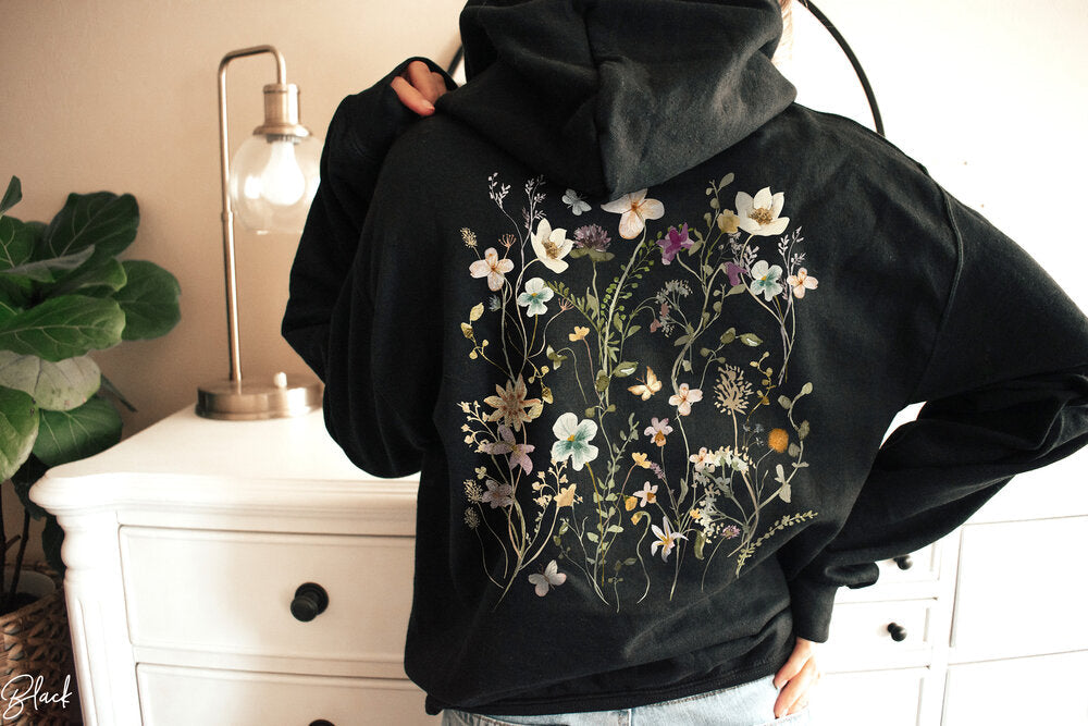 Retro-Wildblumen-Hoodie mit Rundhalsausschnitt im böhmischen Stil