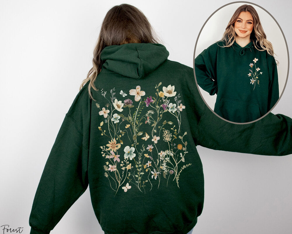 Retro-Wildblumen-Hoodie mit Rundhalsausschnitt im böhmischen Stil