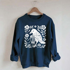 Crow Knitting Linocut Style Bird Sweatshirt