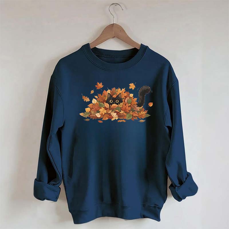 Cute Black Cat Autumn Leaves Sweatshirt