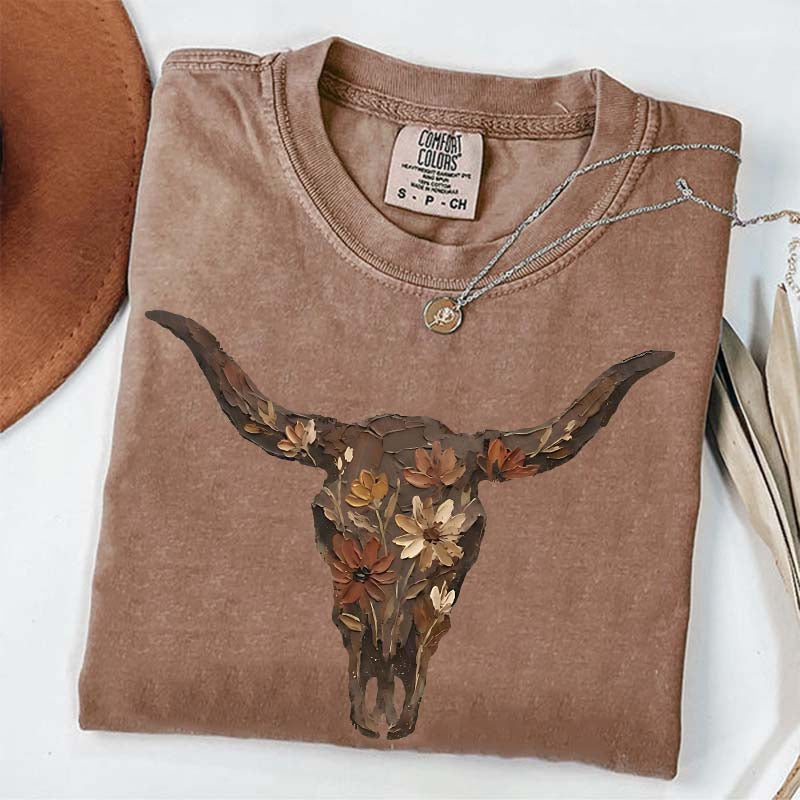 Brushstroke Floral Western Cow Skull T-Shirt