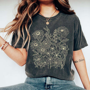Vintage Pressed Flowers Minimalist Line T-Shirt