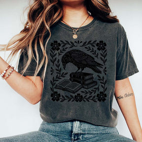 Retro Bookish Raven Linocut T-Shirt