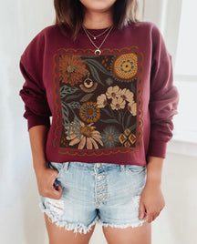 Bohemian Floral Cottagecore Komfort-Sweatshirt mit Rundhalsausschnitt