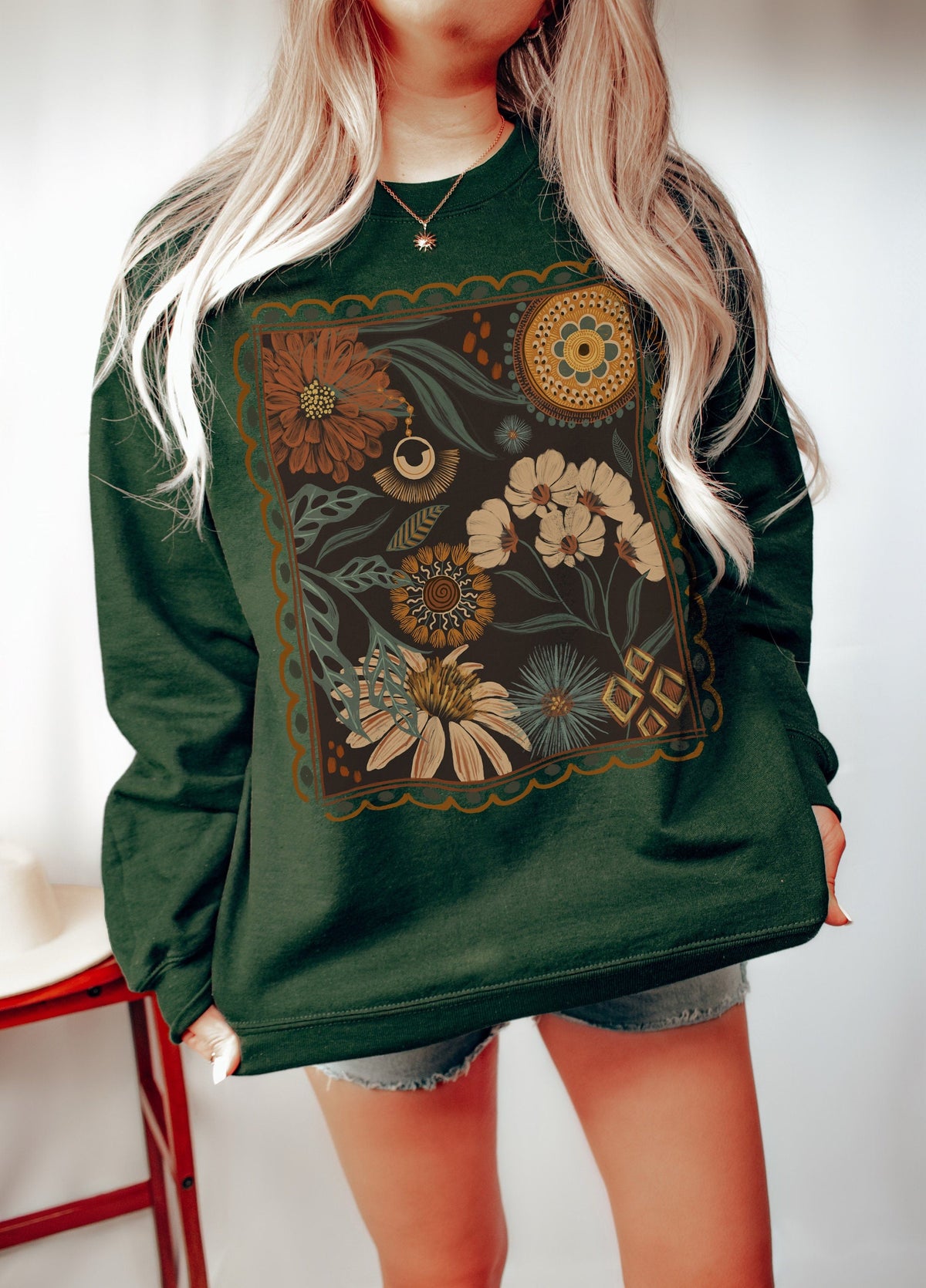 Bohemian Floral Cottagecore Komfort-Sweatshirt mit Rundhalsausschnitt