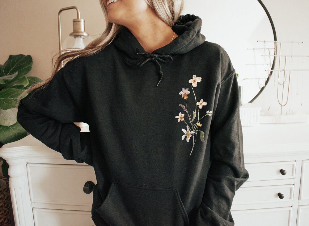 Retro-Wildblumen-Hoodie mit Rundhalsausschnitt im böhmischen Stil