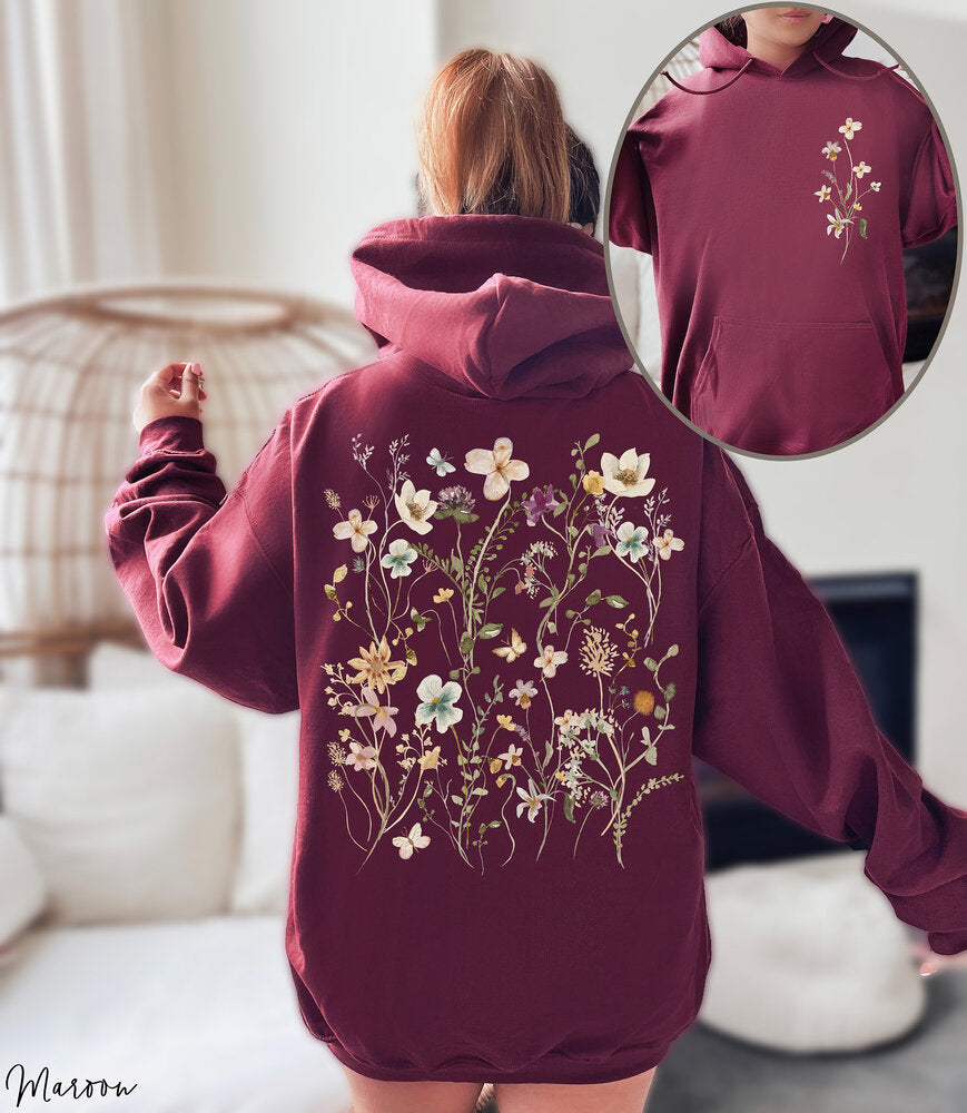 Retro-Wildblumen-Hoodie mit Rundhalsausschnitt im böhmischen Stil